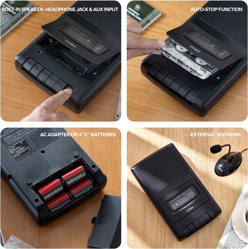 COBY Portable Cassette Player & Recorder with Standing Microphone – Retro Shoebox Tape Recorder with Built-in Speaker, Aux Input, Headphone Jack & Dual Power (Battery/AC) – Classic Black Audio Device - Image 4